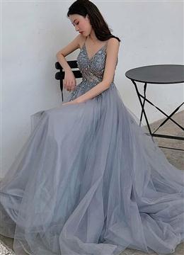 Picture of V-neckline Beaded Tulle Long Evening Dresses with Leg Slit, Straps Tulle Formal Dress Formal Dress